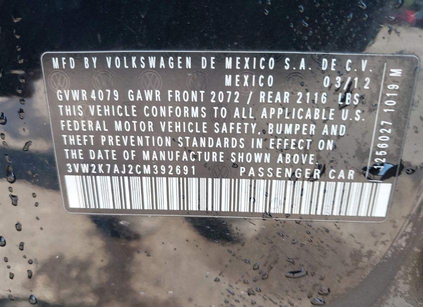 Photo 9 of 2012 Volkswagen Jetta 2.0L S (VIN 3VW2K7AJ2CM392691)