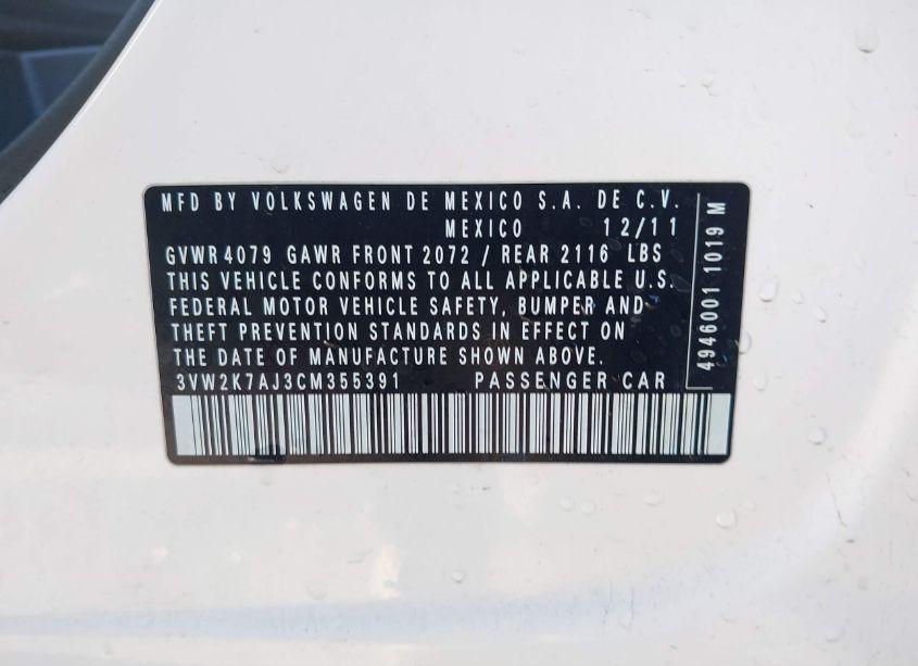 Photo 9 of 2012 Volkswagen Jetta 2.0L S (VIN 3VW2K7AJ3CM355391)