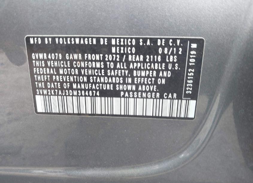 Photo 9 of 2013 Volkswagen Jetta 2.0L S (VIN 3VW2K7AJ3DM364674)