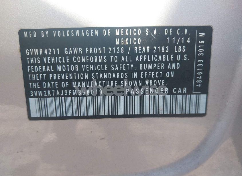 Photo 9 of 2015 Volkswagen Jetta 2.0L S (VIN 3VW2K7AJ3FM358019)