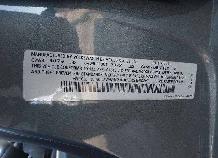 Photo 9 of 2011 Volkswagen Jetta 2.0L S (VIN 3VW2K7AJ6BM366089)