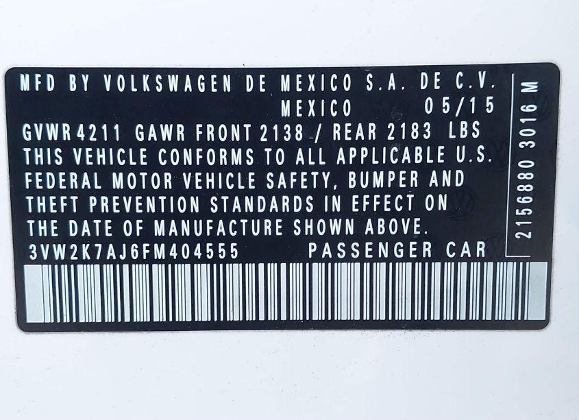 Photo 9 of 2015 Volkswagen Jetta 2.0L S (VIN 3VW2K7AJ6FM404555)