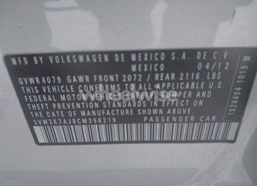 Photo 9 of 2012 Volkswagen Jetta 2.0L S (VIN 3VW2K7AJ8CM398219)