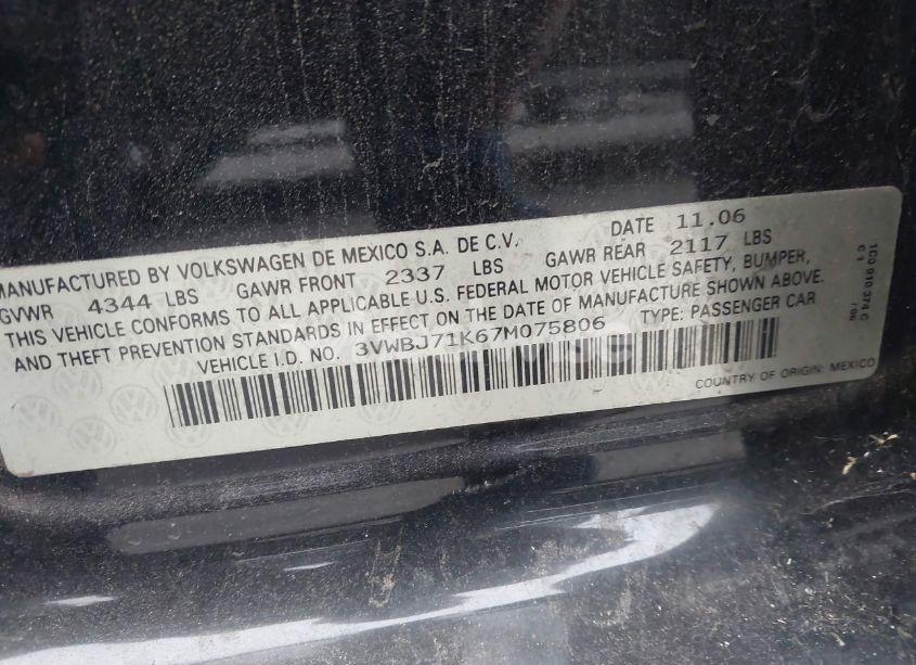 Photo 9 of 2007 Volkswagen Jetta 2.0T (VIN 3VWBJ71K67M075806)