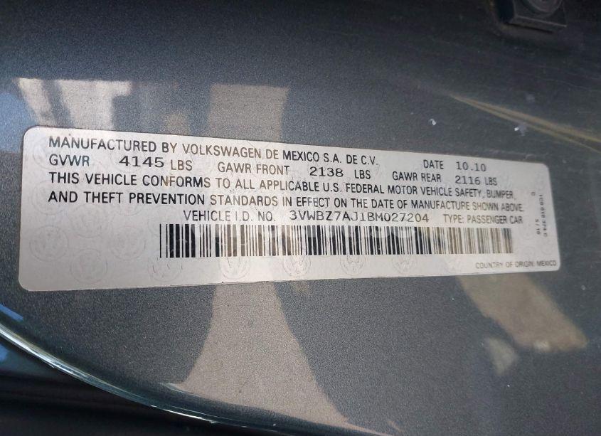 Photo 9 of 2011 Volkswagen Jetta 2.5L SE (VIN 3VWBZ7AJ1BM027204)