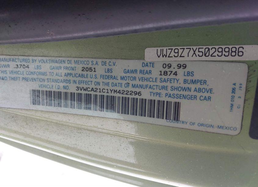 Photo 9 of 2000 Volkswagen New BEETLE GLS (VIN 3VWCA21C1YM422296)