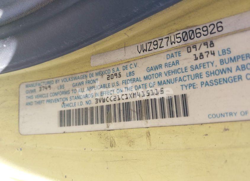 Photo 9 of 1999 Volkswagen New BEETLE GLS (VIN 3VWCC21C1XM415115)