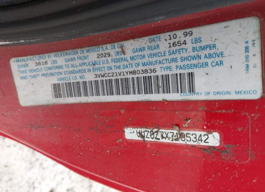 Photo 9 of 2000 Volkswagen Cabrio GL (VIN 3VWCC21V1YM803836)