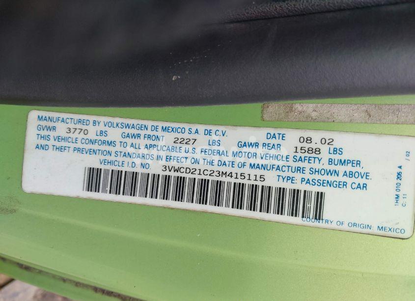 Photo 9 of 2003 Volkswagen New BEETLE GLS 1.8T (VIN 3VWCD21C23M415115)