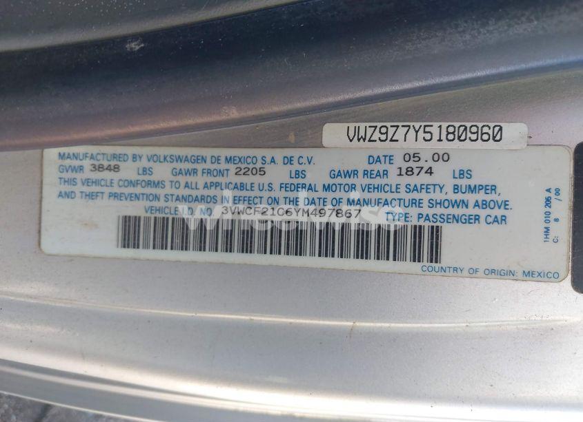 Photo 9 of 2000 Volkswagen New BEETLE GLS TDI (VIN 3VWCF21C6YM497867)