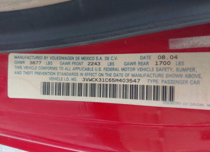 Photo 9 of 2005 Volkswagen New BEETLE GLS (VIN 3VWCK31C65M403547)