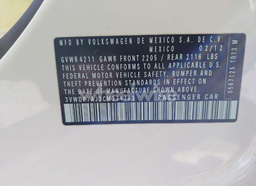 Photo 9 of 2012 Volkswagen Jetta 2.5L SE (VIN 3VWDP7AJ2CM374783)