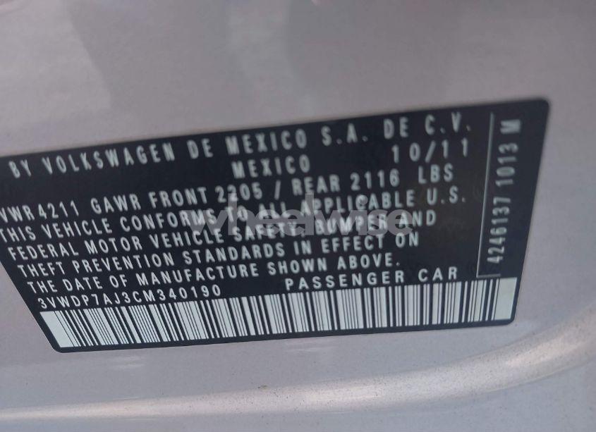 Photo 9 of 2012 Volkswagen Jetta 2.5L SE (VIN 3VWDP7AJ3CM340190)