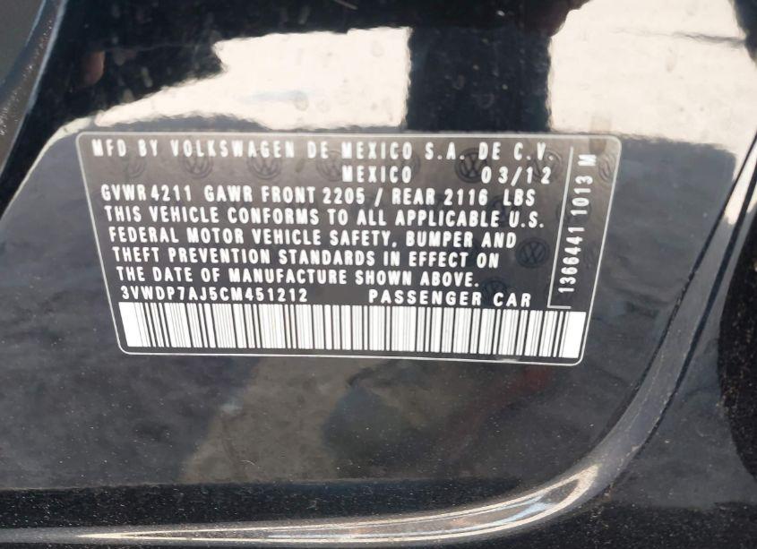 Photo 9 of 2012 Volkswagen Jetta 2.5L SE (VIN 3VWDP7AJ5CM451212)