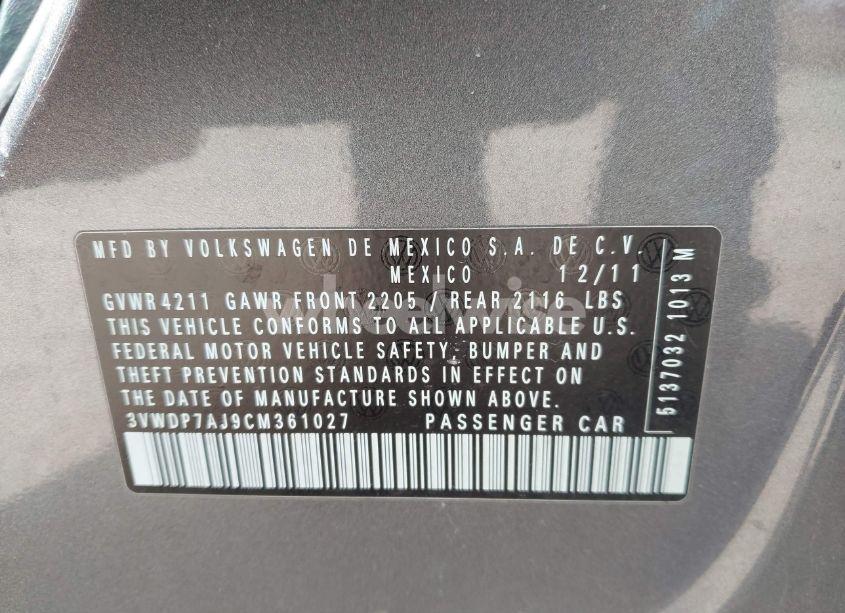 Photo 9 of 2012 Volkswagen Jetta 2.5L SE (VIN 3VWDP7AJ9CM361027)