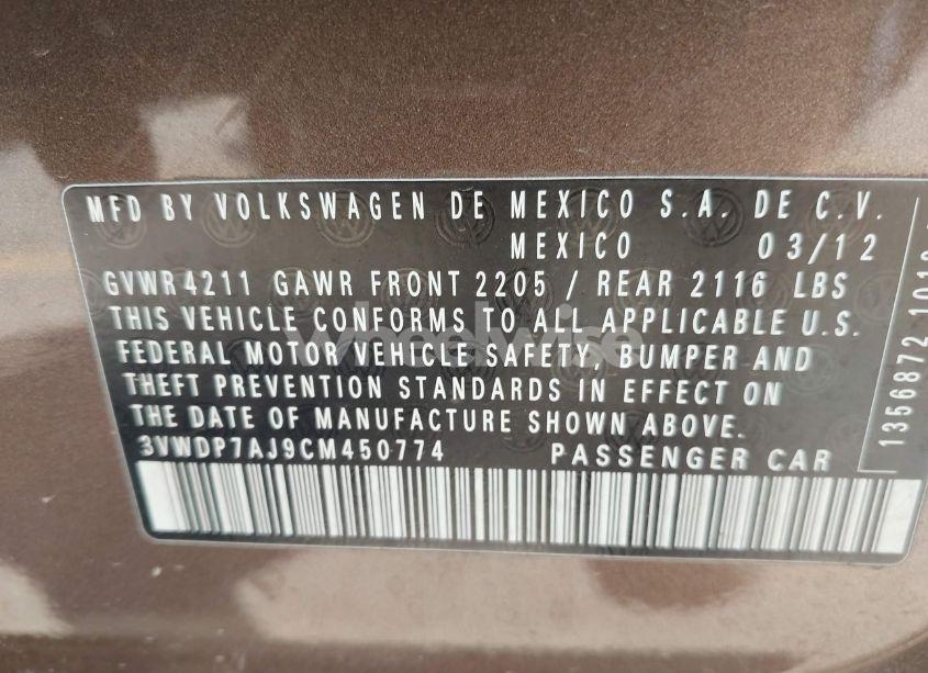 Photo 9 of 2012 Volkswagen Jetta 2.5L SE (VIN 3VWDP7AJ9CM450774)