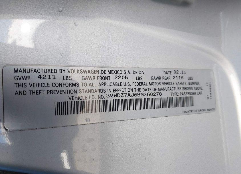 Photo 9 of 2011 Volkswagen Jetta 2.5L SE (VIN 3VWDZ7AJ6BM360278)