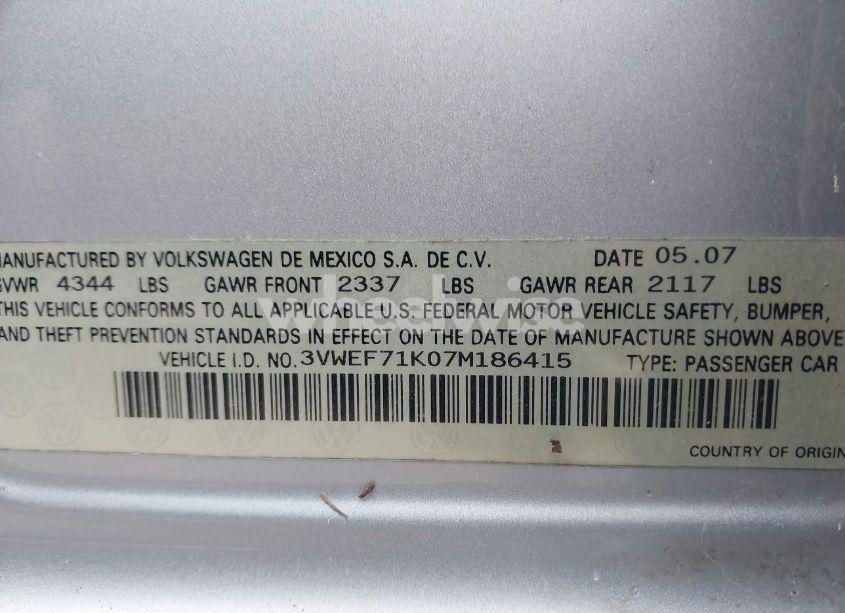 Photo 9 of 2007 Volkswagen Jetta WOLFSBURG EDITION (VIN 3VWEF71K07M186415)