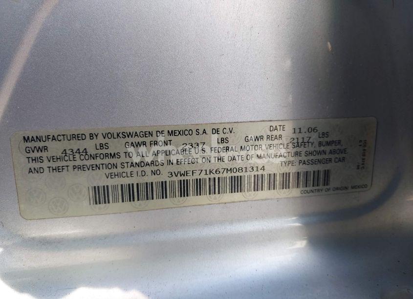 Photo 9 of 2007 Volkswagen Jetta WOLFSBURG EDITION (VIN 3VWEF71K67M081314)