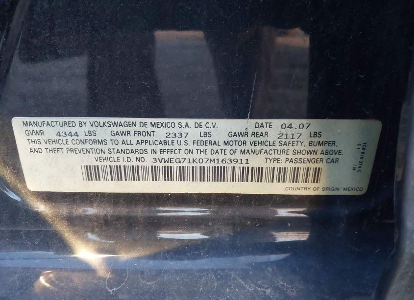 Photo 9 of 2007 Volkswagen Jetta WOLFSBURG EDITION (VIN 3VWEG71K07M163911)
