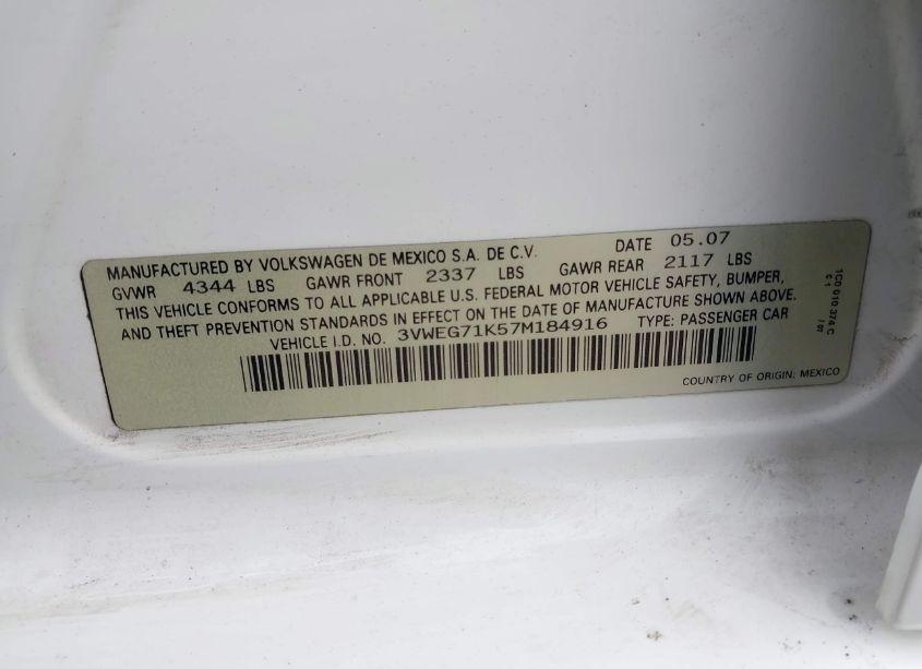 Photo 9 of 2007 Volkswagen Jetta WOLFSBURG EDITION (VIN 3VWEG71K57M184916)