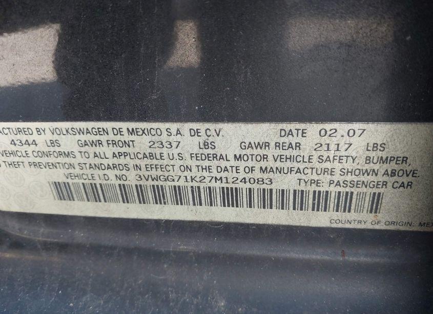 Photo 9 of 2007 Volkswagen Jetta (VIN 3VWGG71K27M124083)