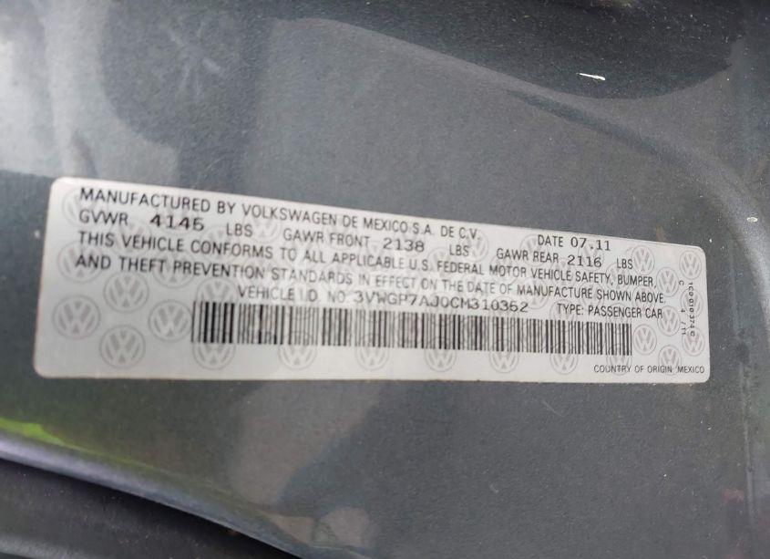 Photo 9 of 2012 Volkswagen Jetta 2.5L SEL (VIN 3VWGP7AJ0CM310352)