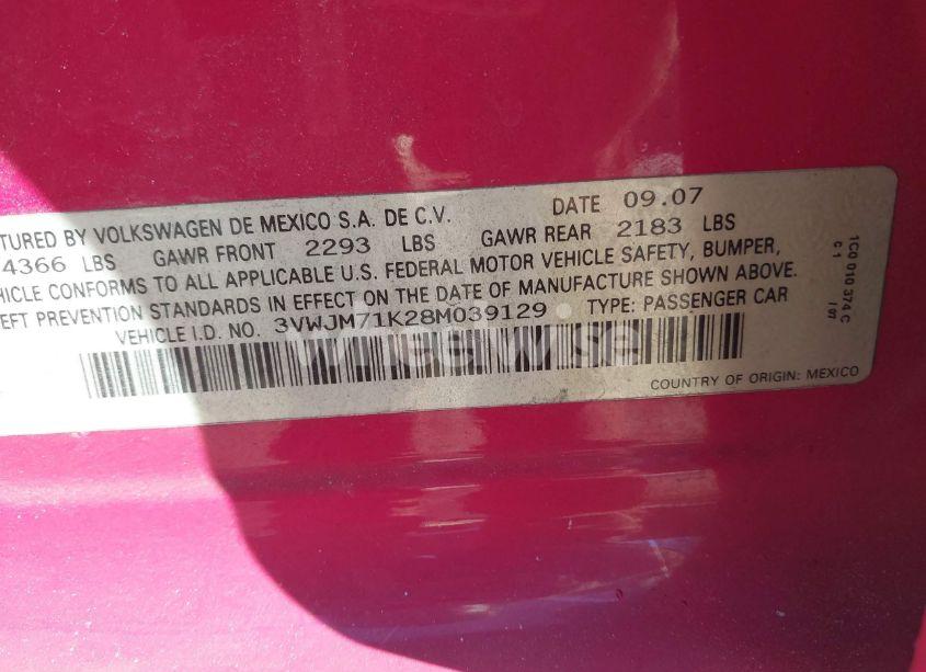 Photo 9 of 2008 Volkswagen Jetta S (VIN 3VWJM71K28M039129)