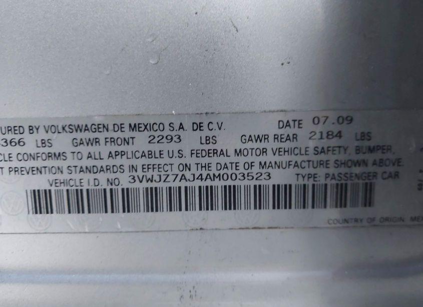 Photo 9 of 2010 Volkswagen Jetta S (VIN 3VWJZ7AJ4AM003523)