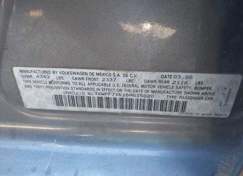 Photo 9 of 2005 Volkswagen Jetta VALUE EDITION (VIN 3VWPF71K15M615020)