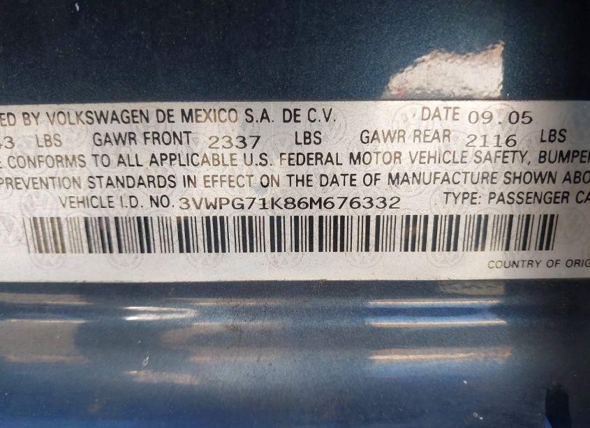 Photo 9 of 2006 Volkswagen Jetta VALUE EDITION (VIN 3VWPG71K86M676332)