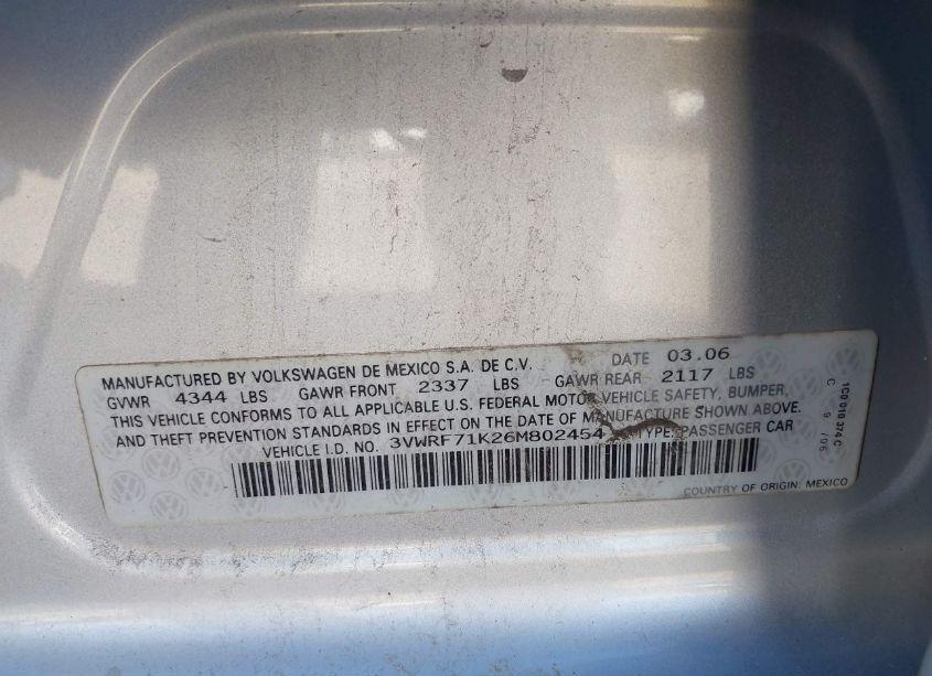 Photo 9 of 2006 Volkswagen Jetta SEDAN 2.5L (VIN 3VWRF71K26M802454)