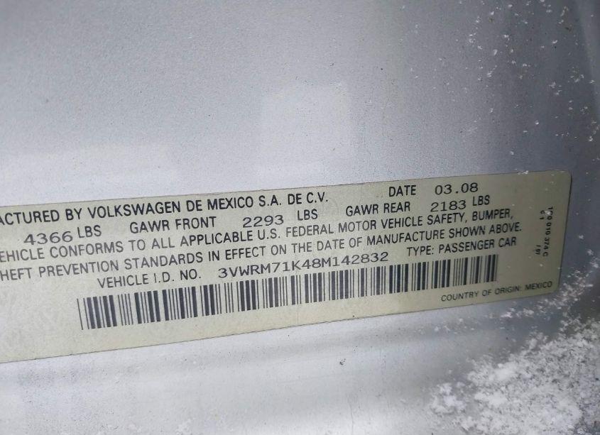 Photo 9 of 2008 Volkswagen Jetta SE/SEL (VIN 3VWRM71K48M142832)