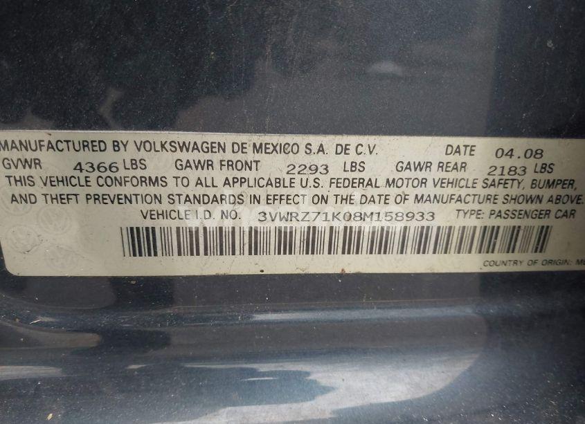 Photo 9 of 2008 Volkswagen Jetta SE (VIN 3VWRZ71K08M158933)