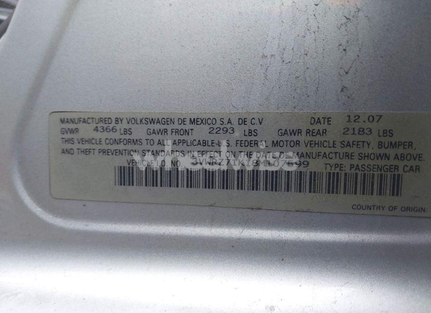 Photo 9 of 2008 Volkswagen Jetta SEL (VIN 3VWRZ71K18M107599)