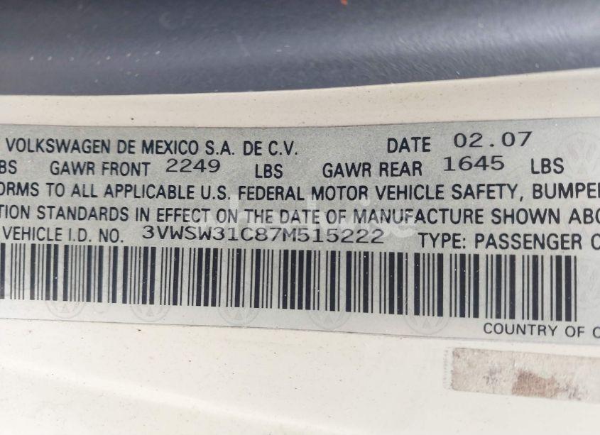 Photo 9 of 2007 Volkswagen New BEETLE 2.5 (VIN 3VWSW31C87M515222)