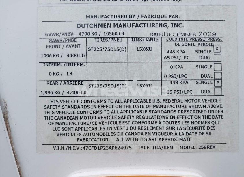 Photo 9 of 2010 Dutchmen Travel TRAILER (VIN 47CFD1P23AP624975)