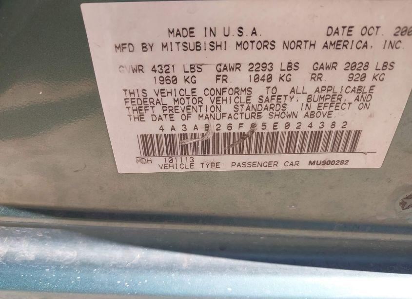 Photo 9 of 2005 Mitsubishi Galant DE (VIN 4A3AB26F85E024382)