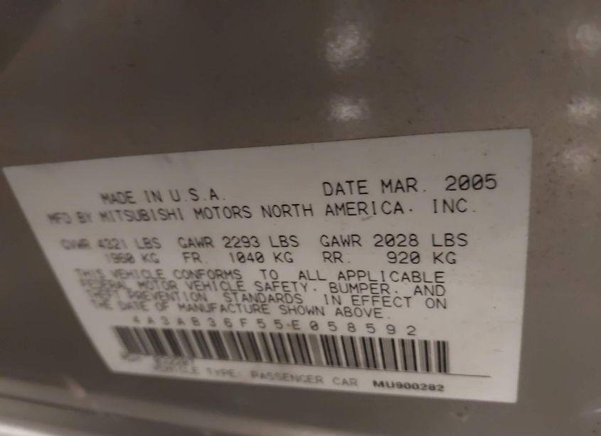 Photo 9 of 2005 Mitsubishi Galant ES/SE (VIN 4A3AB36F55E058592)