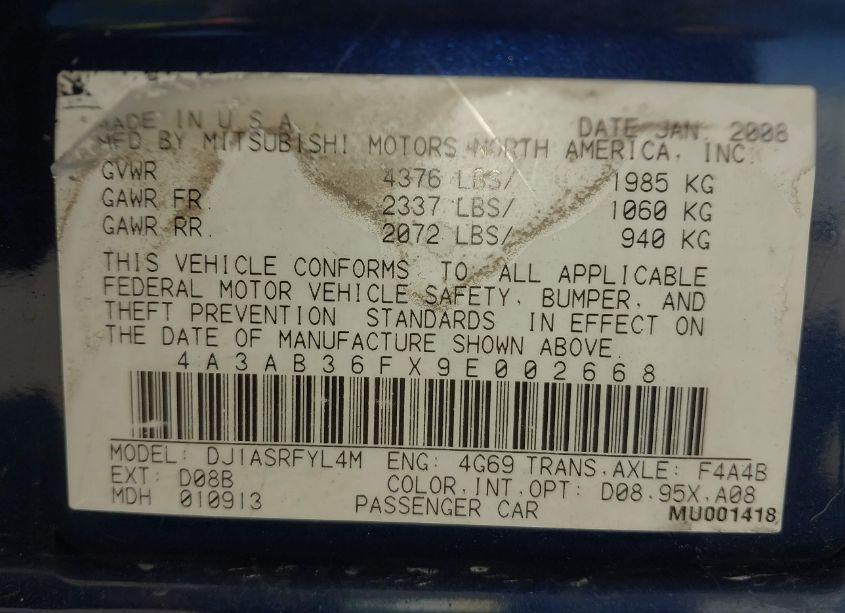 Photo 9 of 2009 Mitsubishi Galant ES/SPORT EDITION (VIN 4A3AB36FX9E002668)