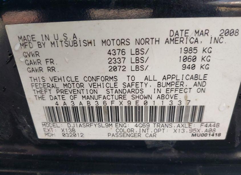 Photo 9 of 2009 Mitsubishi Galant ES/SPORT EDITION (VIN 4A3AB36FX9E011337)