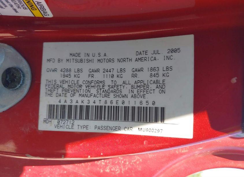 Photo 9 of 2006 Mitsubishi Eclipse GT (VIN 4A3AK34T86E011650)