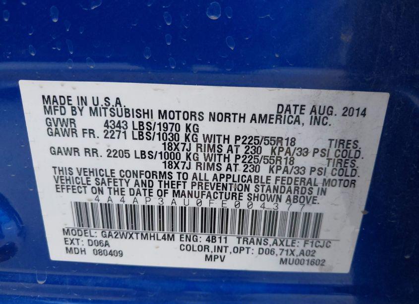 Photo 9 of 2015 Mitsubishi Outlander SPORT ES (VIN 4A4AP3AU0FE004377)