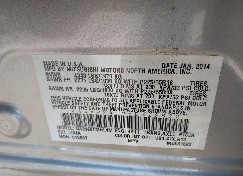 Photo 9 of 2014 Mitsubishi Outlander SPORT ES (VIN 4A4AP3AU2EE022622)