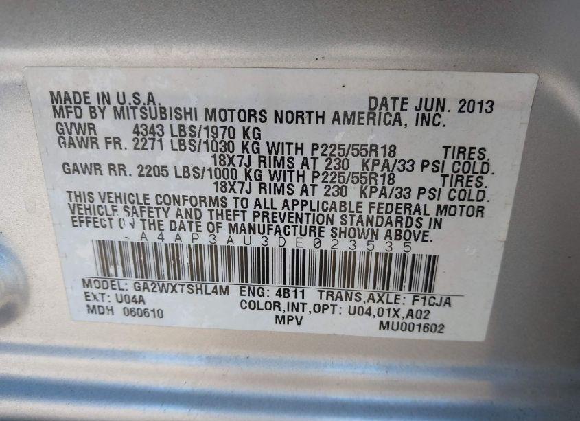 Photo 9 of 2013 Mitsubishi Outlander SPORT ES (VIN 4A4AP3AU3DE023535)