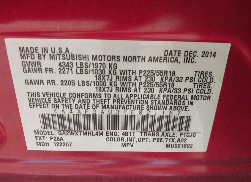 Photo 9 of 2015 Mitsubishi Outlander SPORT ES (VIN 4A4AP3AU3FE021187)