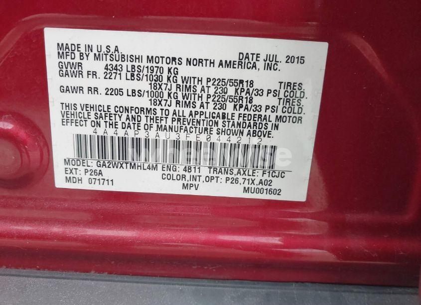 Photo 9 of 2015 Mitsubishi Outlander SPORT ES (VIN 4A4AP3AU3FE044212)