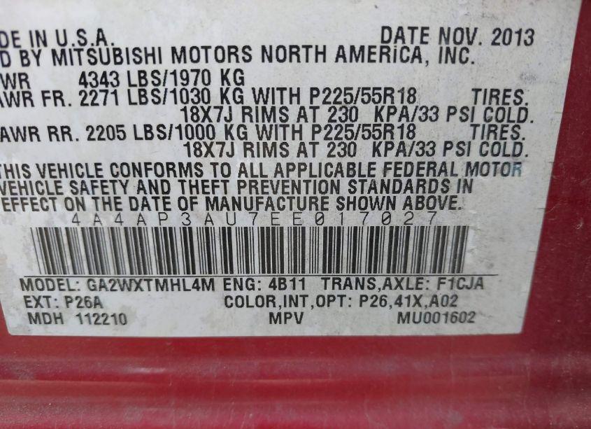 Photo 9 of 2014 Mitsubishi Outlander SPORT ES (VIN 4A4AP3AU7EE017027)