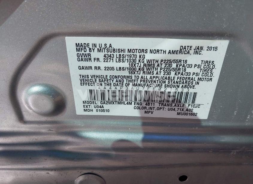 Photo 9 of 2015 Mitsubishi Outlander SPORT ES (VIN 4A4AP3AU7FE021533)