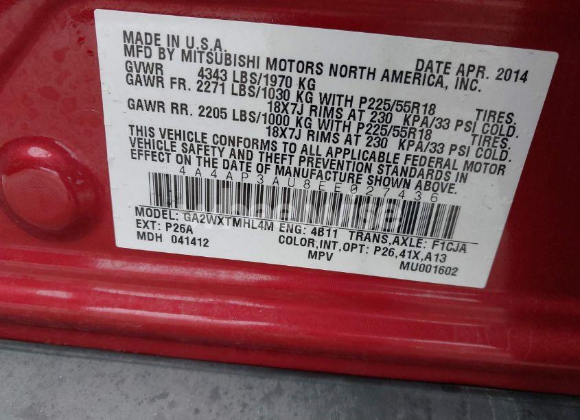 Photo 9 of 2014 Mitsubishi Outlander SPORT ES (VIN 4A4AP3AU8EE027436)